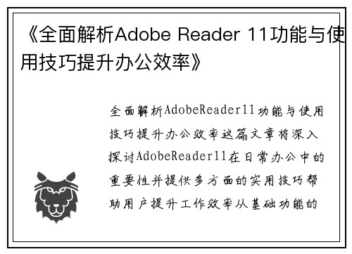 《全面解析Adobe Reader 11功能与使用技巧提升办公效率》